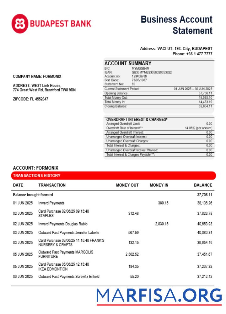 Printable Budapest Bank – Szolnoki Fiók business firm account bank statement Word and PDF format example